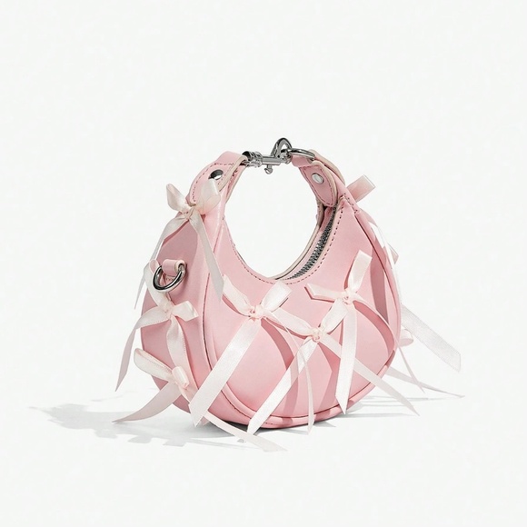 Pink Bowknot Top Handle Crossbody Bag – Lace-Up Ballet Style Y2K Retro Teen - Picture 7 of 9